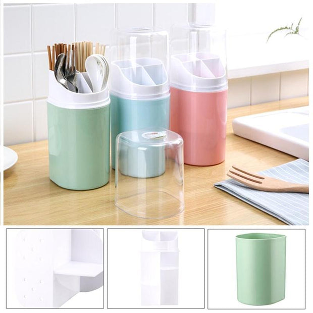 Plastic Utensils Cutlery Holder Drainer Spoon Fork Chopsticks Storage Rack with Lid Kitchen Tableware Accessories Tool Organizer