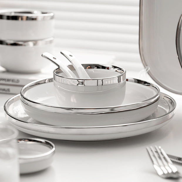 Silver Light Luxury Ceramic Dinnerware With Gold Edge And Silver Edge